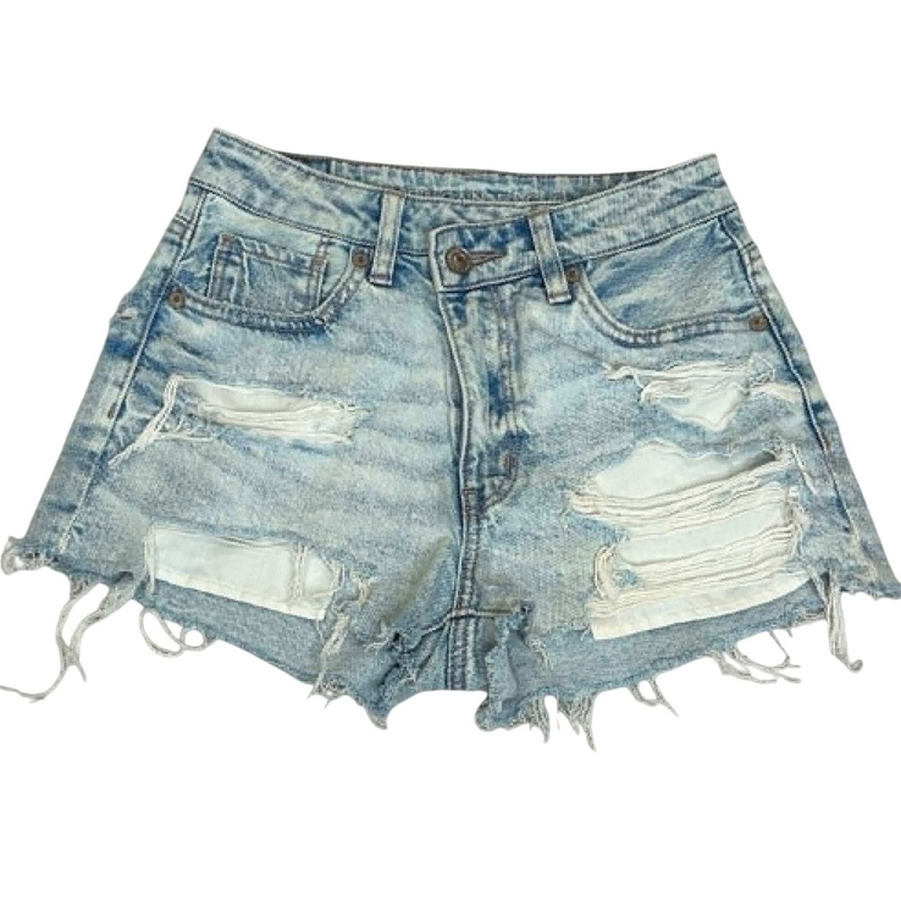 American Eagle Strigid Mom Shorts Light Wash Distressed Denim Size 00 25 Waist